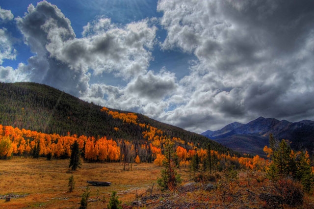 Autumn mountain landscape with golden aspen trees in the foreground and dramatic cloudy sky.
