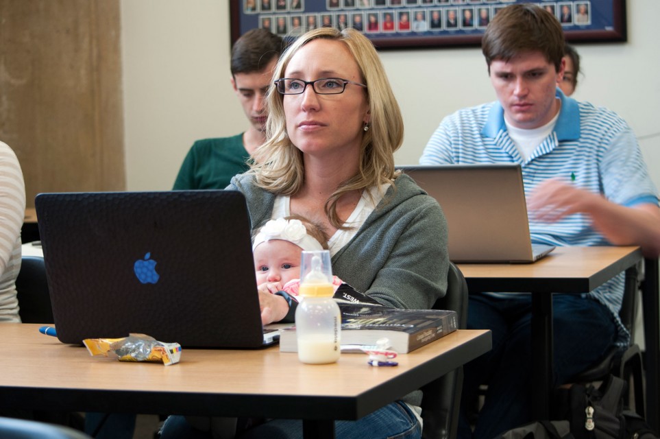 3L Joni Bodnar with baby Kendall in class.