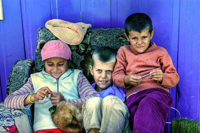 A group of young children sitting together, possibly siblings, with colorful clothing against a blue background.