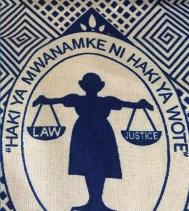 A logo of a person holding two baskets on with "Law" and the other with "Justice" written on them