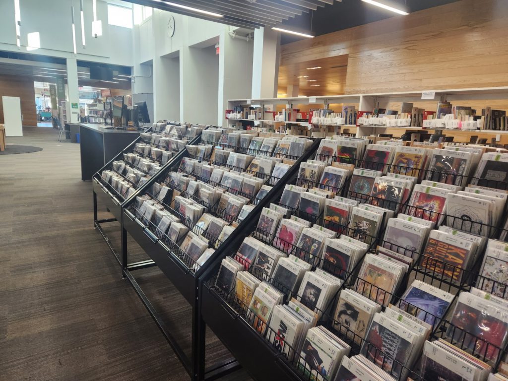 Library racks of media and books to choose from