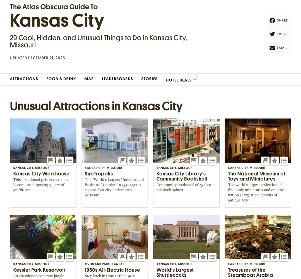 Atlas Obscura Guide to Kansas City screenshot showing unusual attractions in Kansas City