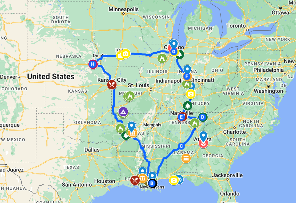 Map displaying circular route visiting multiple states with various pinned attractions