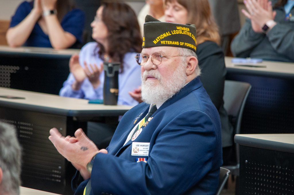 A Kansas veteran attends the Veteran Legal Aid Clinic announcement
