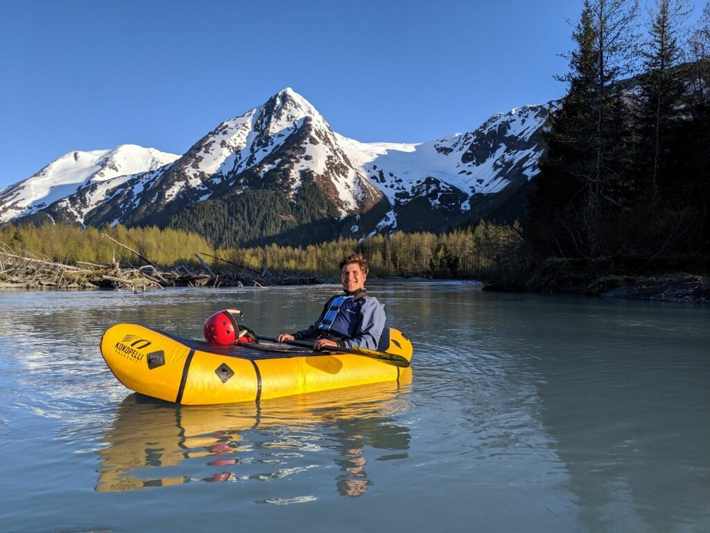 David Biegel in an inflatable cano