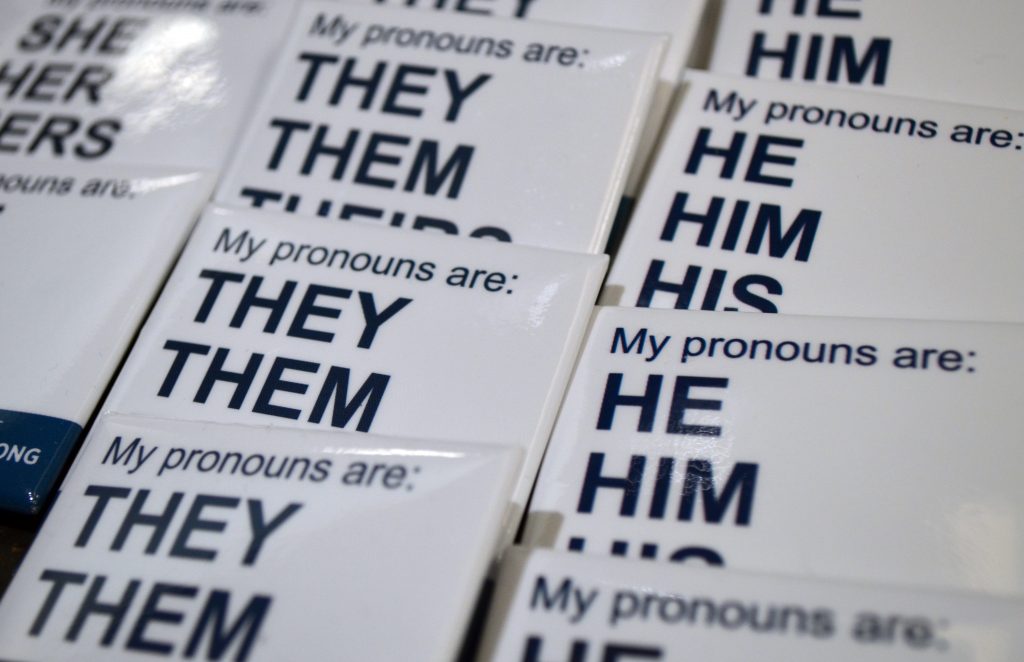 Buttons that say "My pronouns are:" and then variations on gender pronouns "They Them Theirs", "He Him His", and "She Her Hers"