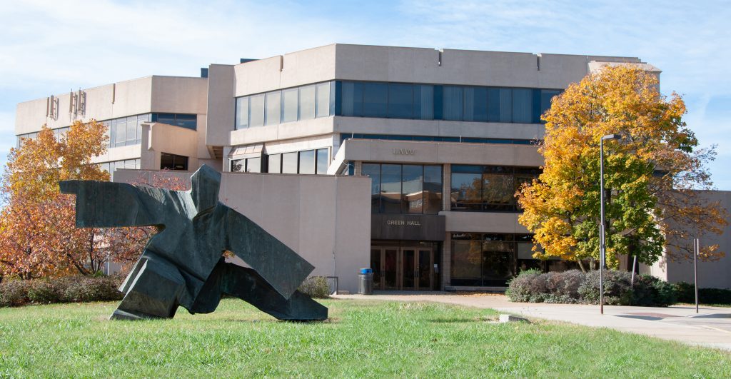 Green Hall and the sculpture on the lawn