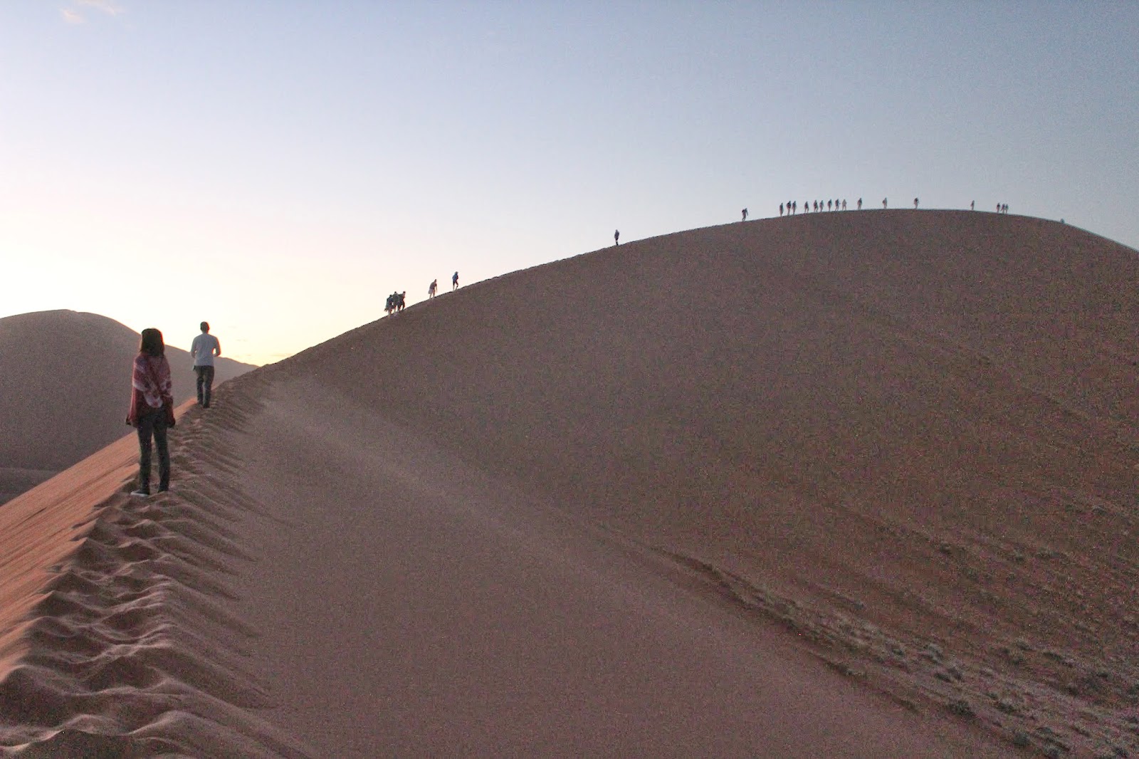 people walking along the crest of a sand dune in the desert