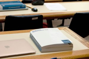 A bar exam study book on a desk in Green Hall