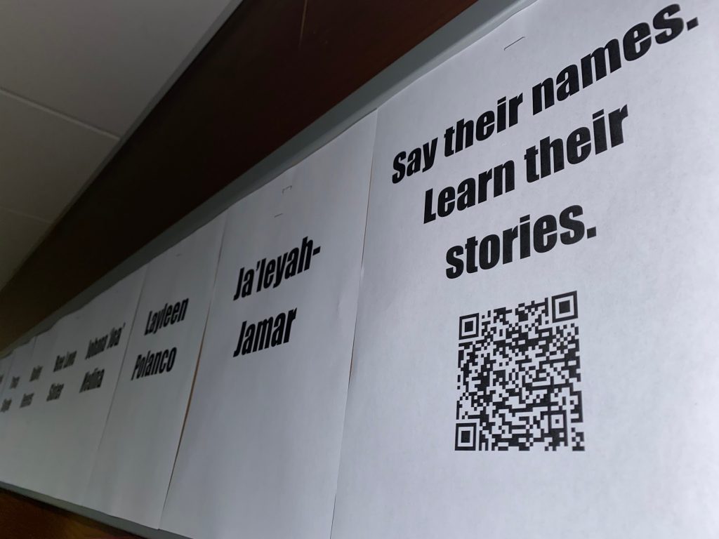 Close up of papers with the names of some of the trans and gender expansive individuals who were murdered in 2019 printed on them.