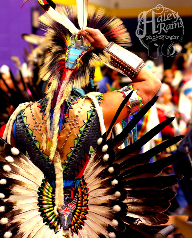 Vibrant Traditions: Powwow dancer in full regalia.
