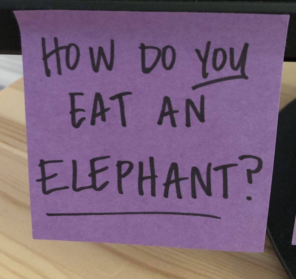 purple sticky note asks "How do you eat an elephant?"