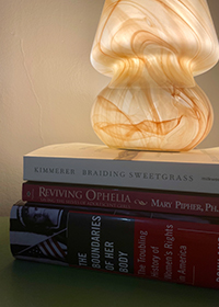 some books with a lamp on them