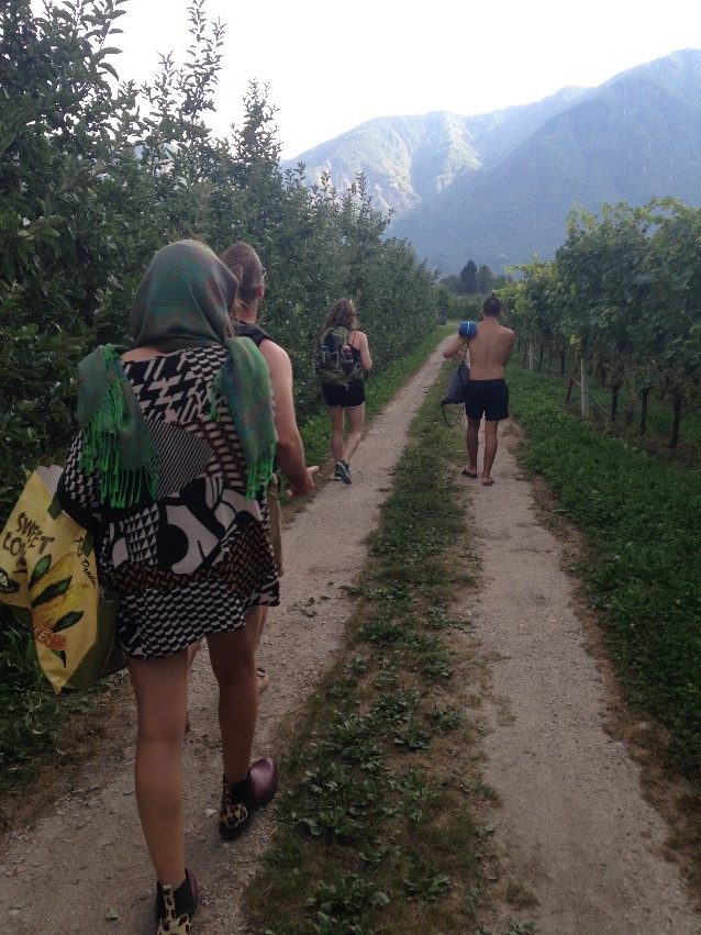People walking on gravel roads through vineyards.
