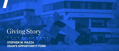An image of the lawn in front of Green Hall with the text "Giving Story, Stephen W. Mazza, Dean's Opportunity Fund"