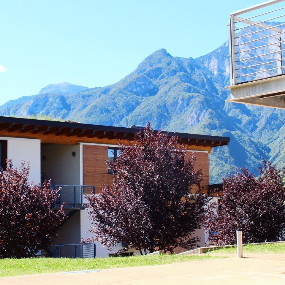 Apartment building in front of mountains