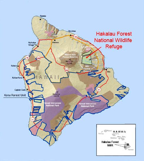 Map of the Hakalau Forest National Wildlife Refuge on the Island of Hawai'i.