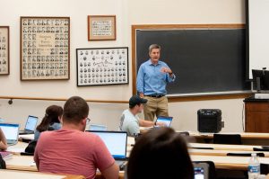 Glenn Jewell, bar exam instructor, gives instructions before an afternoon session of a simulated bar exam.