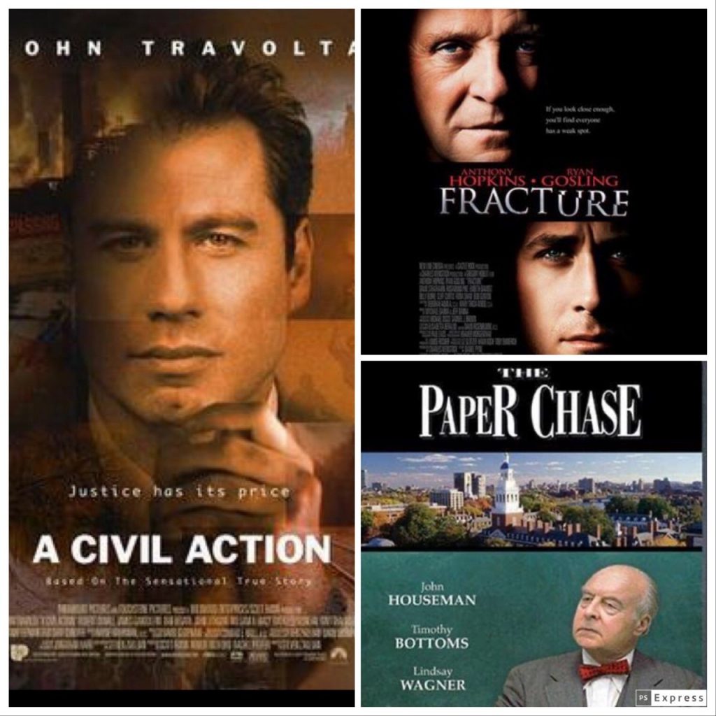 Collage of: A Civil Action, Fracture and The Paper Chase movie posters.