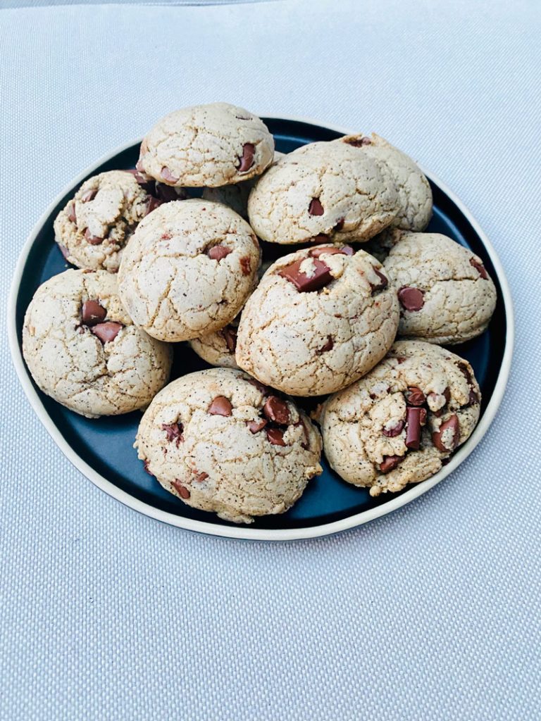 Plate of chocolate chip cookies.